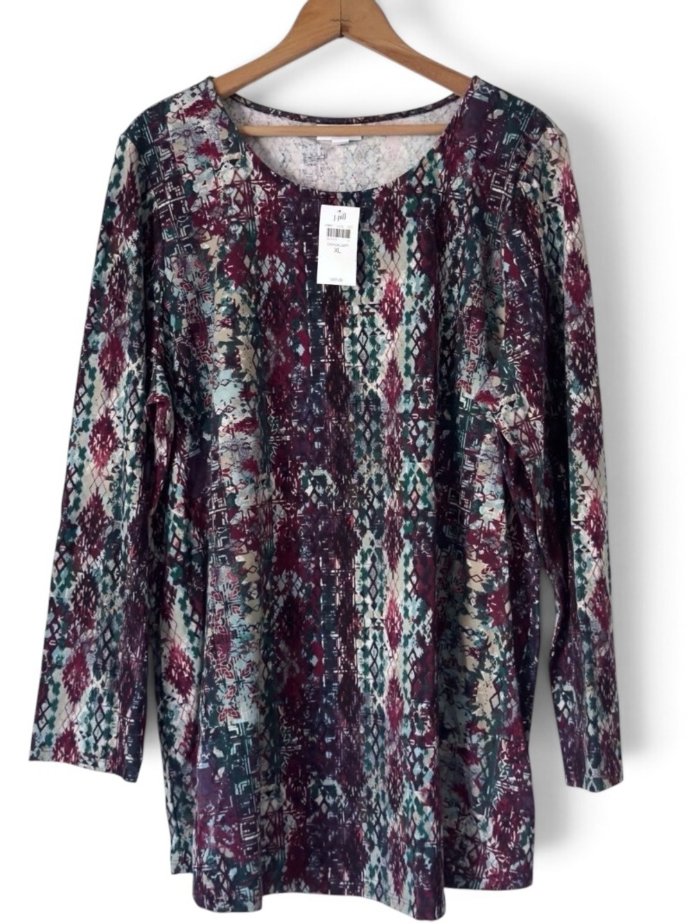 J Jill Pima Cotton Tunic Top XL Burgundy Green Pure Jill Aztec Tee Oversized NEW